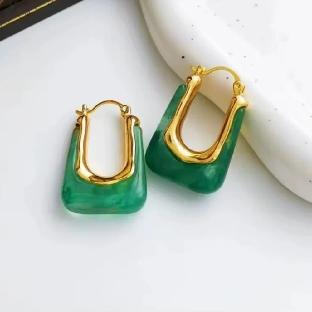 Jade green gold hoop Earrings